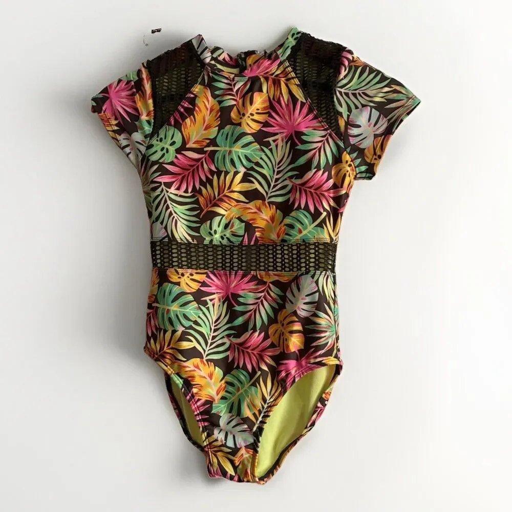 Art Class Girls Swimsuit L 10/12 Tropical Floral One Piece Mesh Zip Back